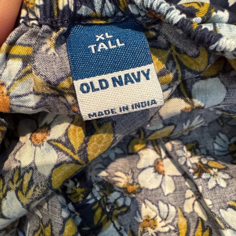 Old Navy Babydoll Peasant Smocked Top Womens XL Tall Blue Floral Puff Sleeve NEW